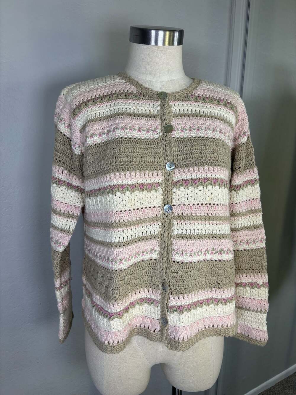Vintage Crochet Cardigan Striped Pink Tan Cream